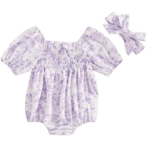 Infant Baby Girls Romper Floral Ruffle Sleeve Pleated Smocked Bubble One Piece Ruched Jumpsuit Summer Bodysuit