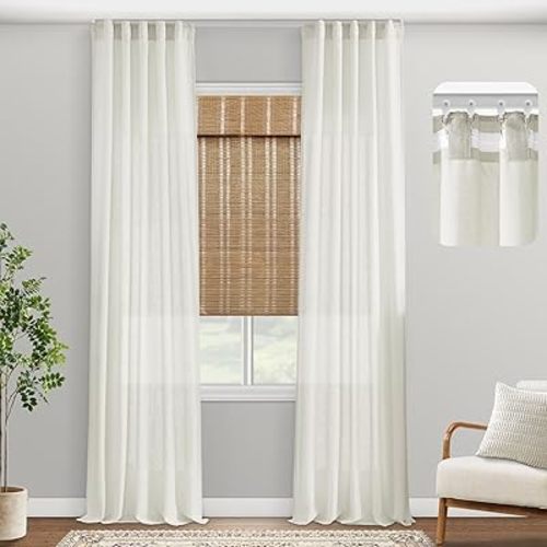 PANELSBURG Fancy Semi Sheer Linen Ivory Bedroom Curtains 86 Inch Length 2 Panels Set for Living Room,Cream Sheer Back Tab Drop Cloth Curtains Linen Drapes with Hooks 86 Inches Long for Bedroom