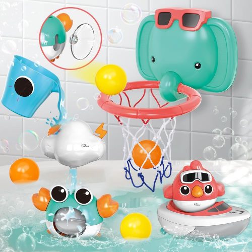 sixwipe Baby Bath Toys, Elephant Basketball Hoop Bathroom Baby Toys for Babies Boys Girls, Baby Bathtub Playset with Bird, Crab, Clouds, Yacht Best Bath Gift for Toddlers 1-3