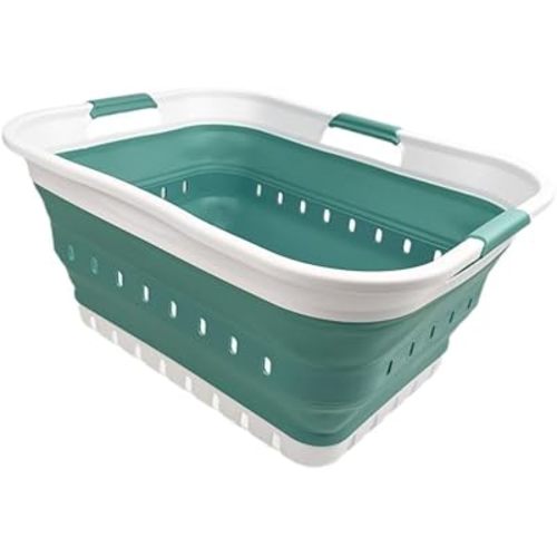SAMMART 42L (11 gallon) Collapsible Plastic Laundry Basket - Foldable Pop Up Storage Container/Organizer - Space Saving Hamper/Basket (1, White/Celadon Green)
