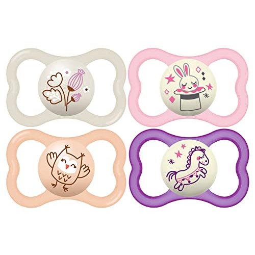 MAM Air Night & Day Baby Pacifier, for Sensitive Skin, Glows in The Dark, 6-16 Months, Girl, 4 Count