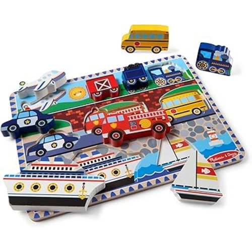 Melissa & Doug Vehicles Wooden Chunky Puzzle - Plane, Train, Cars, and Boats (9 pcs) - FSC Certified