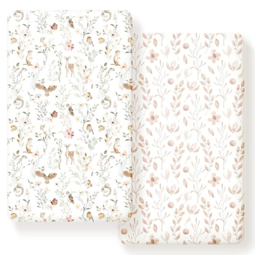 GRSSDER Stretch Ultra Soft Jersey Knit Fitted Crib Sheets Set 2 Pack，Fit All Standard Crib Mattress Pads Safe and Snug, Crib Fitted Sheet for Girls, Beautiful Blush Pink Floral and Cute Animals Print