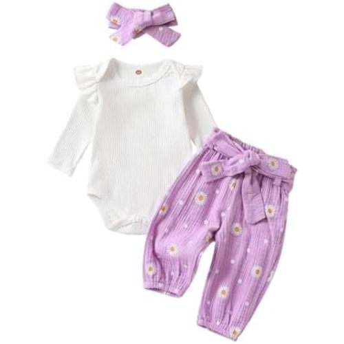 Newborn Baby Girl Clothes Rib Knit Romper Daisy Print Pants Infant Girl Outfit with Headband