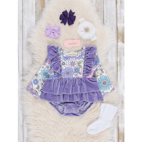 6-12 months Purple Velvet Floral Ruffle Bubble
