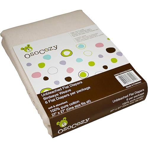 OsoCozy Unbleached Birdseye Flat Cloth Diapers (6 Pack) - 27 x 27 Inches, One-Layer Flat Cloth Baby Nappies Made of Soft, Durable 100% Birdseye Weave Cotton…