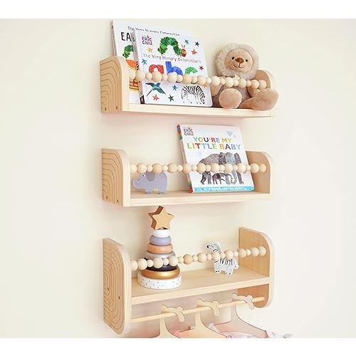 CNK Nursery Floating Book Shelves for Wall Mounted Set of 3 Book Shelf for Kids, Toddler, Baby Rooms Natural Pine Wood Bookshelf Toy Storage with Rack Playroom Decor