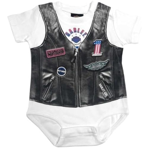 Harley-Davidson Baby Girls' Faux Leather Vest Short Sleeve Creeper - White