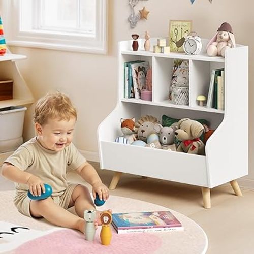 Curipeer Kids Bookshelf and Toy Storage, 3-Tier Wooden Open Bookcase, Baby Book and Toy Storage Display Organizer with Spacious Top Shelf Children, Friends, Family, White