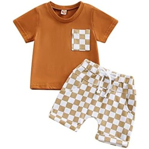 Baby Boy Girl Summer Outfits Checkerboard Short Sleeve T-Shirt Elastic Waist Shorts Set Toddler Checkered Outfit