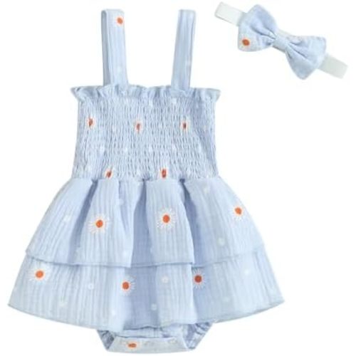 Karwuiio Infant Baby Girls Bodysuit Rompers Dress Newborn Short Sleeve Daisy Romper with Headband Summer Clothes Set