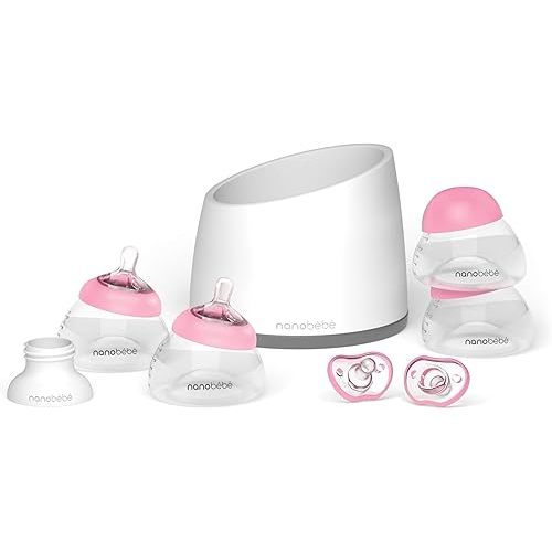 Nanobebe Breastmilk Baby Bottle Anti-Colic Starter Set with Silicone Pacifiers, Bottle Warmer, Breast Pump Adapter, and Slow Flow Nipples - 5 oz - Pink/Grey