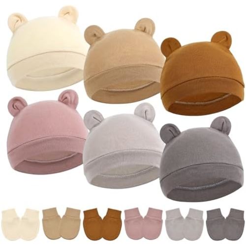 Cinaci 6 Sets Ear Turban Hats and No Scratch Mittens Caps Bonnets Gloves for 0-6M Unisex Baby Girls Boys Newborns Infants