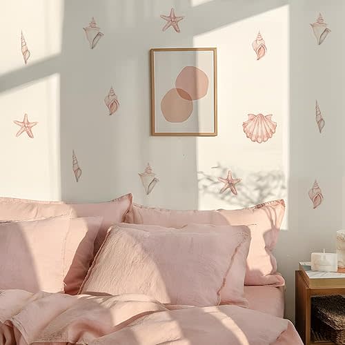 QUCHENG Ocean Animals Wall Sticker Sea Shell Wall Decal Beach Decor Watercolor Removable Waterproof Stickers Bedroom Bathroom Baby Nursery Wall Decor 4 Sheets