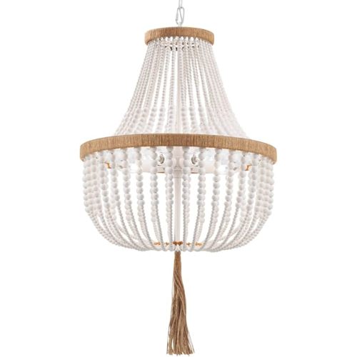 ELYCCUPA 4 Lights Wood Beaded Farmhouse Chandelier with Tassels Bohemia Antique Rustic Pendant Light for Bedroom Kitchen Island Dining Living Room Foyer, White, Dia 17 Inch
