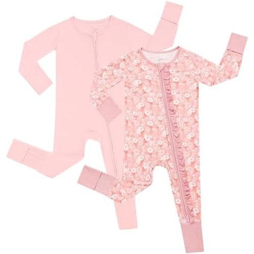 JunNeng 2Pcs Baby Girl Viscose from Bamboo Sleeper with Mitten Cuffs, 2 Way Zipper Romper, Sleep N' Play Pjs 0-18 Months