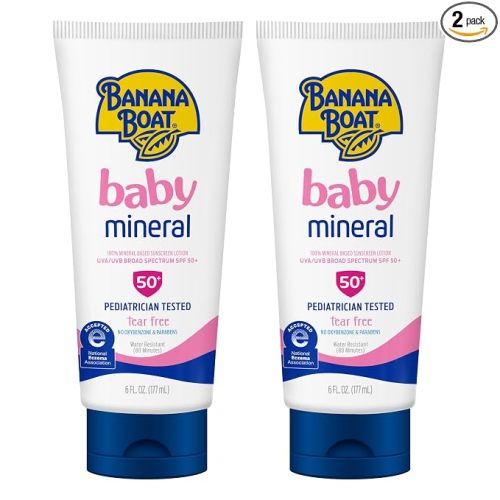 Banana Boat 100% Mineral Baby Sunscreen Lotion SPF 50 Twin Pack | SPF 50 Sunscreen for Babies, Baby Sunblock Lotion, Oxybenzone Free, 6oz each