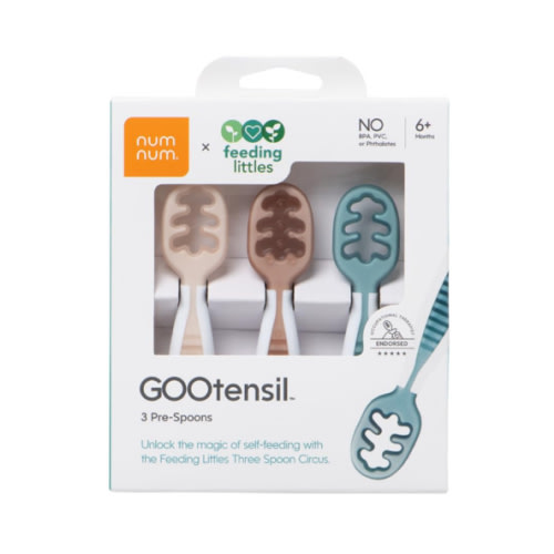 NumNum Baby Spoons Set, Feeding Littles x Silicone Pre-Spoon GOOtensils for Baby Led Weaning, Self-Feeding & Teething, First Stage Toddler Utensils for Ages 6+ Months, 3-Pack, BPA-Free (Neutrals)