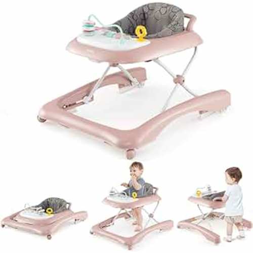 INFANS Foldable Baby Walker, 3 in 1 Toddler Leaning-Seated Walk-Behind with Adjustable Height, Push Handle, Washable Seat Cushion for Boys and Girls (Pink)