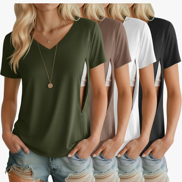 4 Pack Women's Nursing Shirts for Breastfeeding with Hidden Zipper V Neck Short Sleeve Loose Fit Maternity Tops
