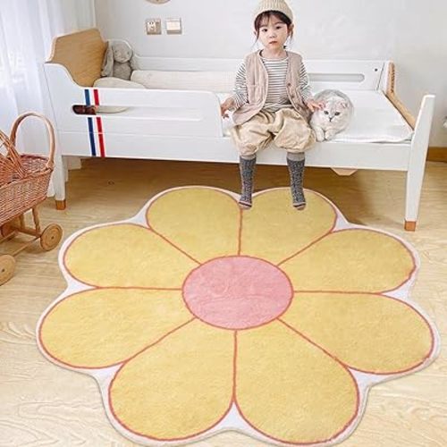 Poowe Flower Shaped Area Rug, Washable Round Rug Soft Flora Area Rug for Living Room Girls Bedroom - Fluffy Circle Rug Nonslip Circular Indoor Floor Mat - 47.2" Round, Yellow