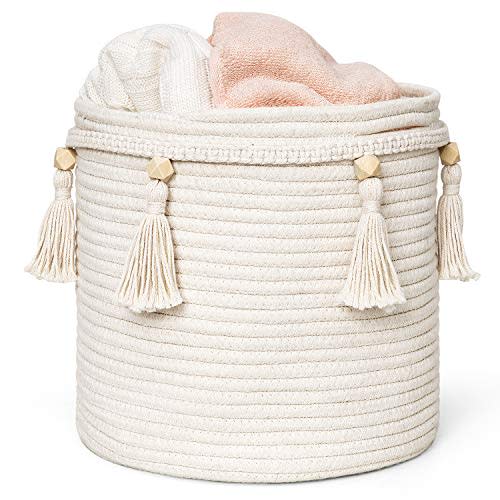 Mkono, Decorative Macrame Cotton Rope Basket with Braided Tassels Organizer for Nursery Toys Magazine Potted Plants Living Room Bedroom Home Decor 28x28