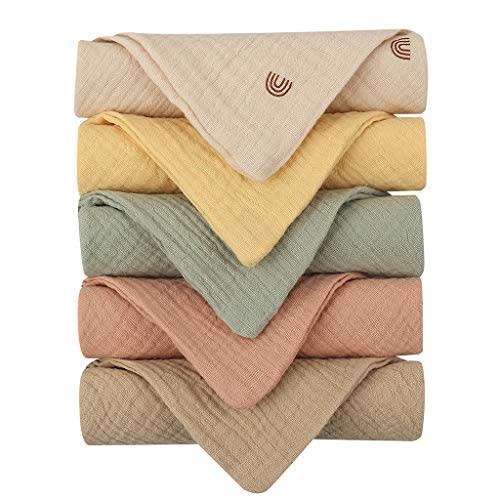 MGBISYI Baby Muslin Burp Cloths, 5 Pieces 4 Layer Cotton Baby Wash Cloth, Washcloths Baby Burping Cloth Newborn Gift Sets