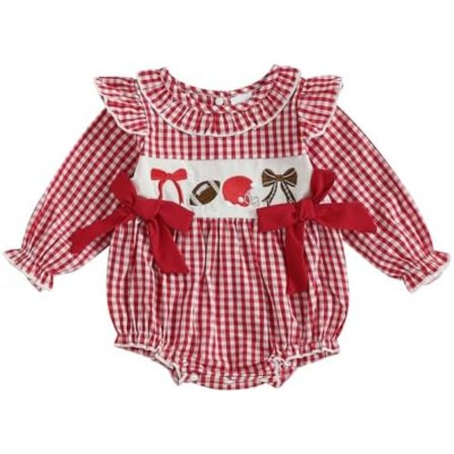 Newborn Infant Baby Girl Outfit Fall Football Long Sleeve Romper Bodysuit Ruffled Plaid Bubble Clothes