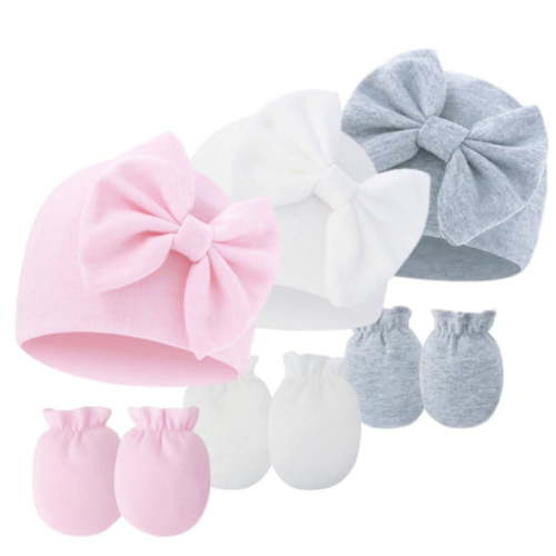 3 Pack Newborn Baby Hospital Hats Beanie Bow Infant Caps Baby Mittens Set for 0-6 Months