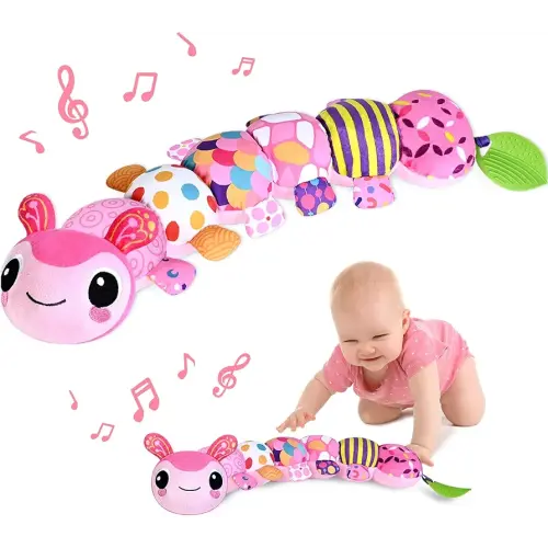 Baby Toys for 0-3-6-9-12 Months, Infant Stuffed Animal, Multi-Sensory Plush Toys, Tummy Time Musical Caterpillar Toy for Newborn, Soft Toys with Crinkle, Rattle and Textures, Birthday Gift for Girls