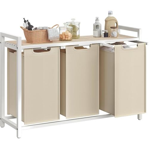 VASAGLE Laundry Hamper, Laundry Basket Sorter with 3 Pull-Out and Removable Bags, Shelf, Metal Frame, 3 x 10.6 Gallons (40 L), 36.4 x 13 x 28.4 Inches, Cappuccino Beige and Natural Beige UBLH301LH01