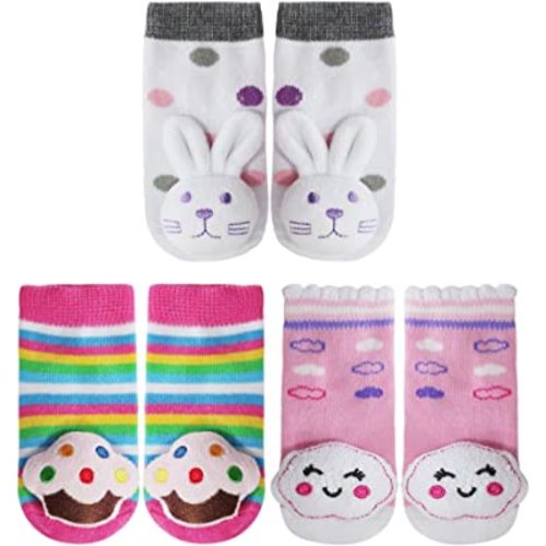 PUPPET Baby Girl Rattle Socks Set for 0-6 Months Cute Infant Socks with Plush Bunny Design
