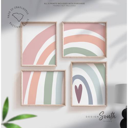 Mauve muted rainbow nursery art, soft colors nursery ideas, rainbow hearts wall decor for kids, little girl bedroom print set, rainbow print