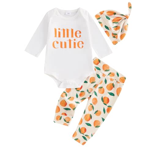Little Cutie Baby Girl Fall Outfits Long Sleeve Romper Orange Pants Knot Hat Clementine Coming Home Clothing Set