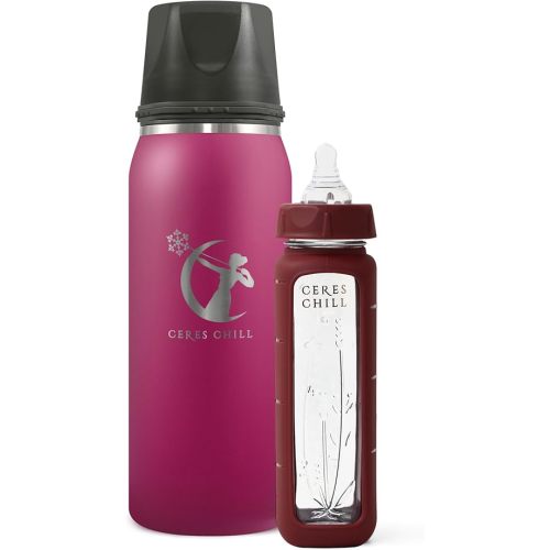 Ceres Chill Breastmilk Chiller/Warmer Bundle, 27oz of Storage, 20 Hour Chill, Comes with Glass Baby Bottle for The Ultimate Bottle Warming Duo (Don't Call Me 'Hon' Plum Chiller & Plum Bottle)