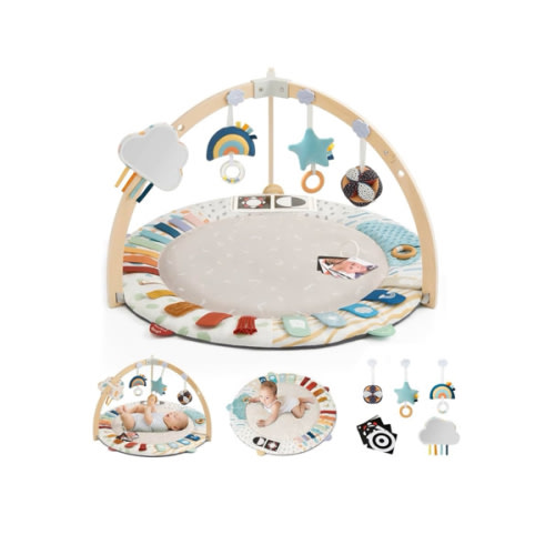 Blissful Diary Baby Play Gym & Activity Mat, 5 Developmental Zones Wooden Tummy Time Mat with 6 Detachable Sensory Toys for Motor Skills & Sensory Development, Baby Essentials Shower Gift