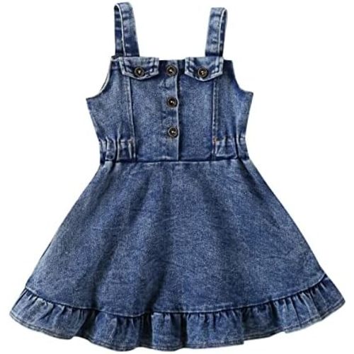 Toddler Girl Summer Sundresses Baby Denim Ruffle Dress Sleeveless Strap Pleated A-line Layered Cake Flowy Jean Dress