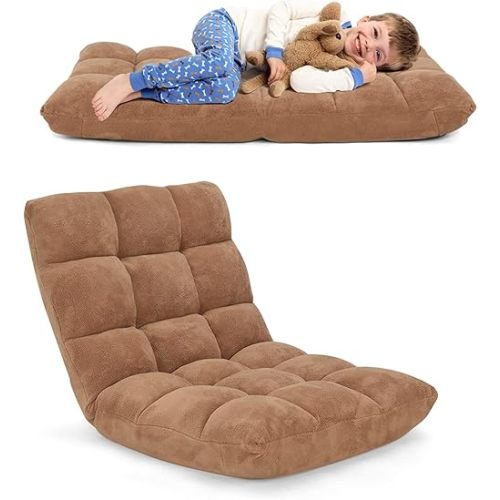 14-Position Adjustable Floor Chair, Folding Gaming Sofa Chair with Back Support, Padded Floor Gaming Chair for Adults, Sleeper Lounge Couch Recliner for Reading Gaming Meditation (Beige)