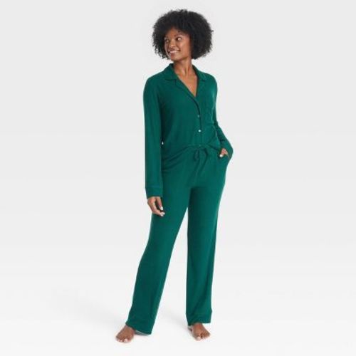 Women's Cozy Ribbed Long Sleeve Notch Collar Shirt And Pants Pajama Set - Auden™ Oatmeal M