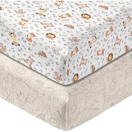 Horaldaily 2 Pack Fitted Crib Sheet for Boys Girls,Soft Breathable Washable Jersey Microfiber Baby Crib Sheet, Fits Standard Size Crib Mattress 28in x 52in, Cute Animals Nursery Sheet Grey/White