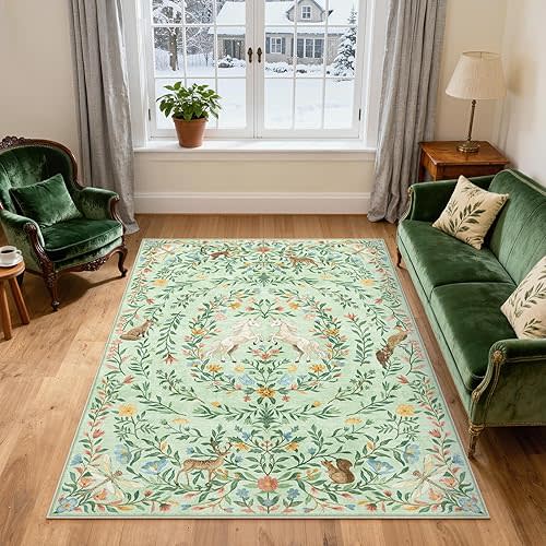 Machine Washable 5x7 Area Rugs for Living Room, Non Slip Soft Low Pile Unicorn Floral Farmhouse Moroccan Vintage Animal Playroom Girls Rugs for Bedroom, Carpet Rugs for Nurseries(Sage Green,5'x7')
