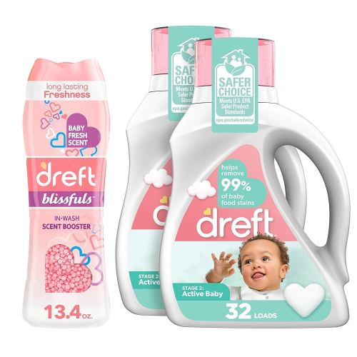 Bundle of Dreft Stage 2: Laundry Detergent Liquid Soap, 64 Total Loads (Pack Of 2) + Dreft Blissfuls In-Wash Scent Booster Beads, Baby Fresh, 13.4 oz