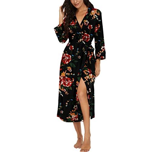 VINTATRE Women Kimono Robes Long Knit Bathrobe Lightweight Soft Knit Sleepwear V-neck Casual Ladies Loungewear