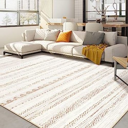Area Rug Living Room Rugs: 8x10 Large Soft Machine Washable Boho Moroccan Farmhouse Neutral Stain Resistant Indoor Floor Rug Carpet for Bedroom Under Dining Table Home Office House Decor - Brown