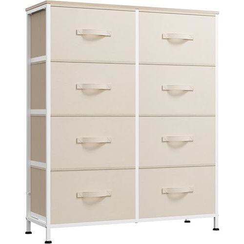 WLIVE Fabric Dresser for Bedroom, Tall Dresser with 8 Drawers, Storage Tower with Fabric Bins, Double Dresser, Chest of Drawers for Closet, Playroom, Dormitory, Cream White