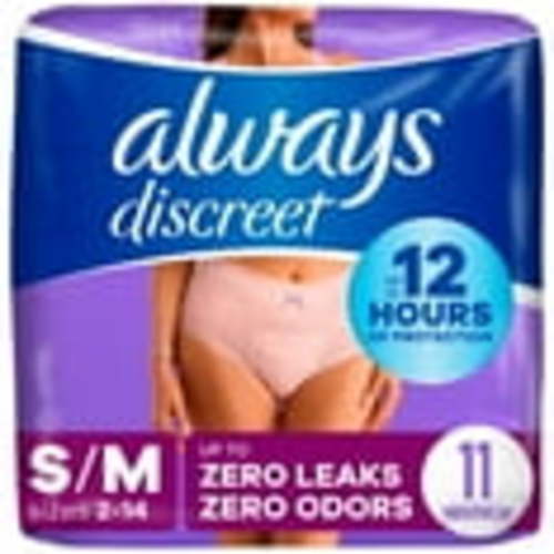 Always Discreet Adult Incontinence Underwear for Women and Postpartum Underwear, S/M, Up to 100% Bladder Leak Protection, 11 CT