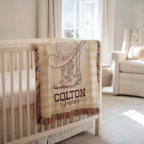 Personalized Cowboy Woven Baby Blanket, Western Cowboy Boys Blanket, Heirloom Blanket, Newborn Name Blanket, Baby Name Woven Throw Blanket