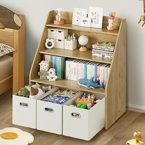 aaculpet Kids Bookshelf and Toy Organizer, 3 Tier Toy Organizer Organizer with 3 Removable Drawers, Montessori Toy Stand (28" L x 16" D x 32" H)