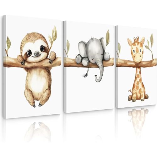 Nursery Animal Wall Art Decor Baby Boy Room Pictures Jungle Safari Nursery Canvas Wall Decor Woodland Animal Poster Jungle Elephant Prints Artwork for Boy Kids Girl Bedroom 12x16x3 Inch Wrapped Canvas