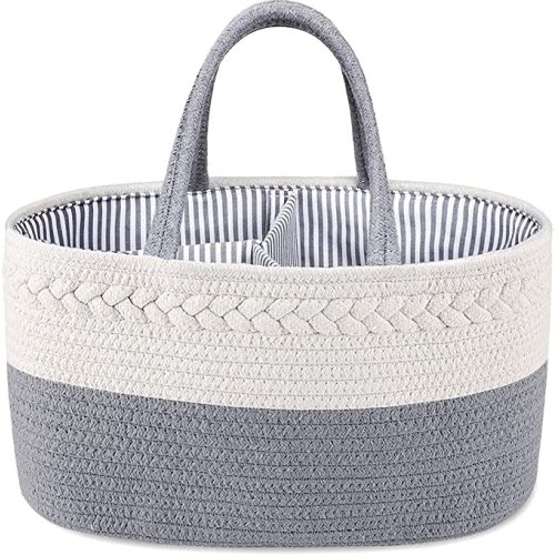 ABenkle Baby Diaper Caddy, Nursery Storage Bin and Car Organizer for Diapers and Baby Wipes, Cotton Rope Diaper Basket Caddy, Changing Table Diaper Storage Caddy Baby Gift Baskets, Grey